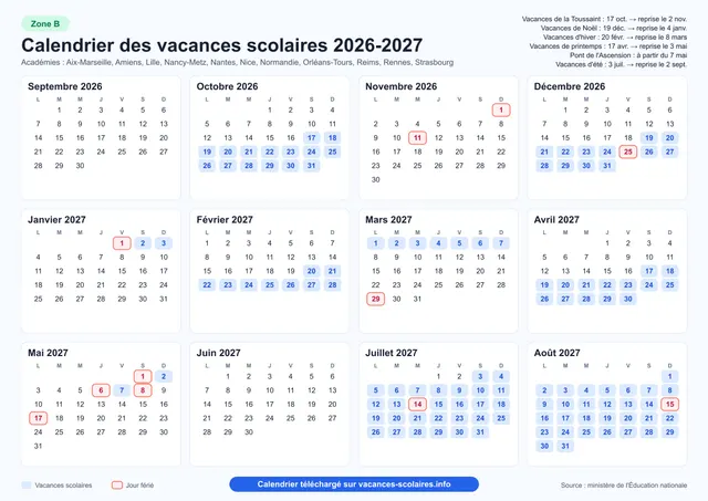 Calendrier vacances scolaires zone B 2026 2027