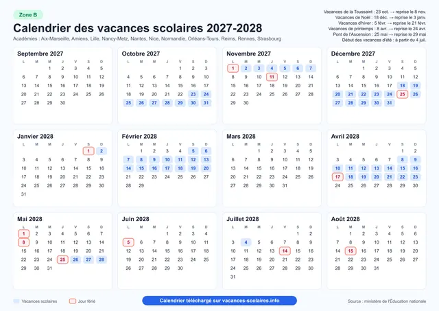 Aperçu de l'affiche du calendrier scolaire 2027-2028 de la zone B