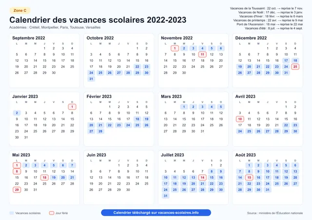 Aperçu de l'affiche du calendrier scolaire 2022-2023 de la zone C