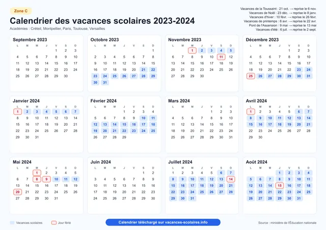 Aperçu de l'affiche du calendrier scolaire 2023-2024 de la zone C