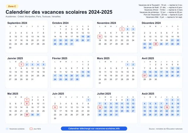 Aperçu de l'affiche du calendrier scolaire 2024-2025 de la zone C