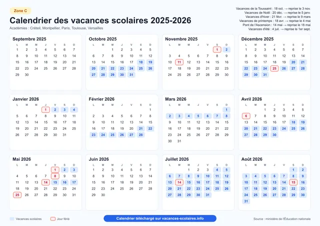 Aperçu de l'affiche du calendrier scolaire 2025-2026 de la zone C