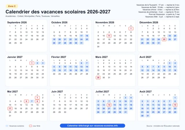 Calendrier vacances scolaires zone C 2026 2027