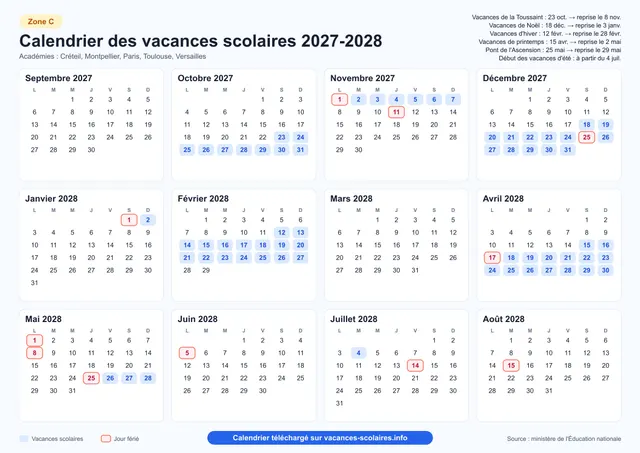Aperçu de l'affiche du calendrier scolaire 2027-2028 de la zone C